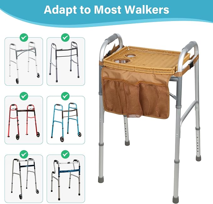 Walker Tray for Folding Walker, Handmade Rattan Trays for Walkers for Seniors Detachable with Cup Holder,Walker Trays for Rolling Folding Walker,Walker Accessories for Elderly