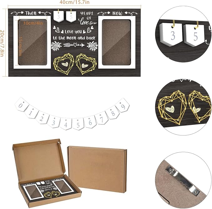 Then & Now Anniversary Picture Frame - 1-99 Years Anniversary Wedding Gift for Couple, Engagement Bridal Shower, Gifts for Couples Wood Photo Frame Holds Two 4x6 Inches Photos-Black