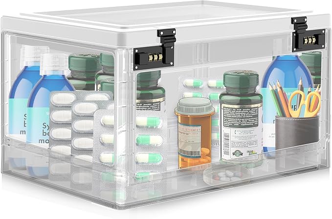 Extra Large Lock Box for Medication Safe, Medicine Lockable Storage Box with Code, Phone Lock Boxes for Video Games, Box with Combination Lock for Snacks/Food, Locking Cabinet for Home/Office (Clear)
