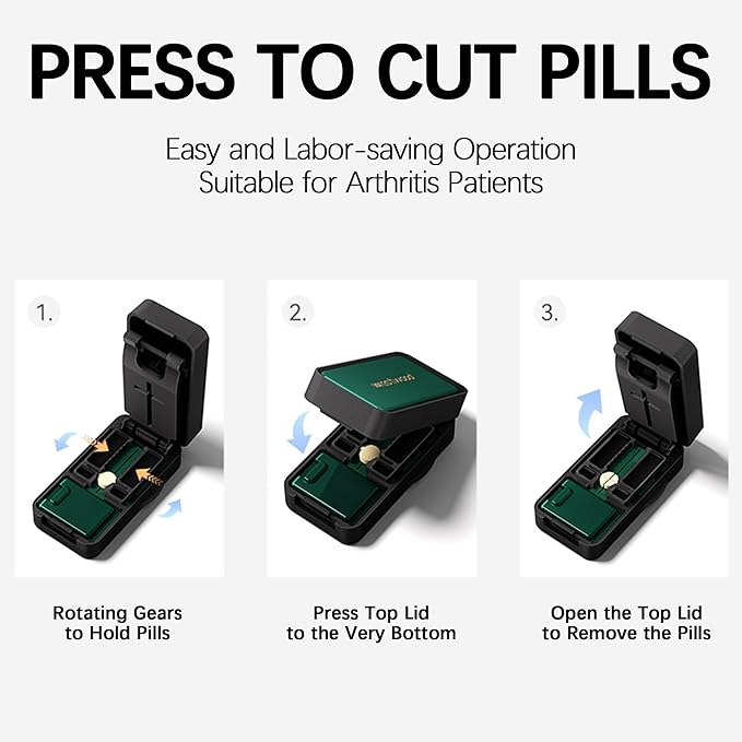 Pill Cutter Splitter for Small and Tiny Pills, 1/2 1/4 Pill Cutter for Small or Large Pills, Pill Splitter for Multiple Pills at a Time with Centering Device and Stainless Steel Blade (Green)