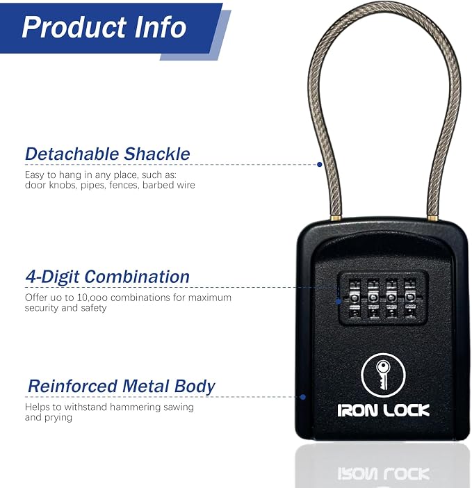 Iron Lock® Key Lock Box with Code, Portable Cable Shackle (Small, Black) | Holds 2-3 house keys or an access card; 11-in steel cable loops on gate or rail; weather-resistant; no app or battery
