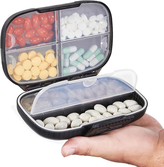 Sukuos Travel Pill Organizer Weekly with Double Lock, Portable Pill Box with Large 7 Compartment, Airtight Daily Medicine Case Container with Labels for Vitamins/Fish Oils/Supplements
