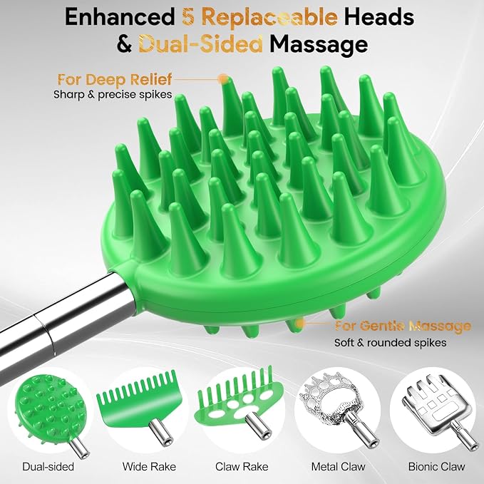 Telescoping Back Scratcher with 5 Detachable Heads, Gift for Men Green | 10-30" Reach, Stainless Steel Pole, Rubber Grip, Christmas Stocking Stuffers, White Elephant, Anniversary and Birthday Gift