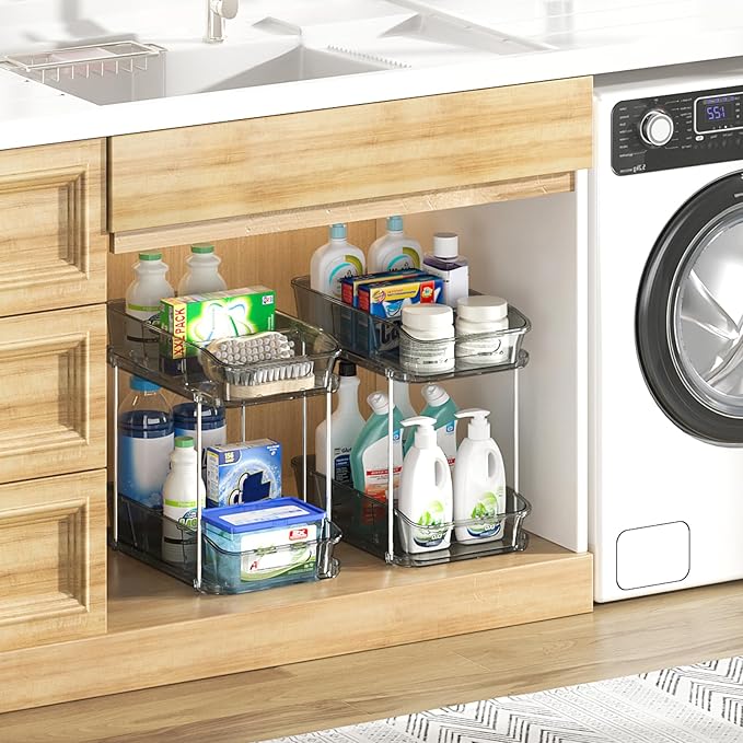 Delamu 2-Tier Under Sink Organizers and Storage, Multi-Purpose Stackable Bathroom Cabinet Organizers, Pull Out Kitchen Pantry Organization and Storage with Dividers(4 Pack, Grey)