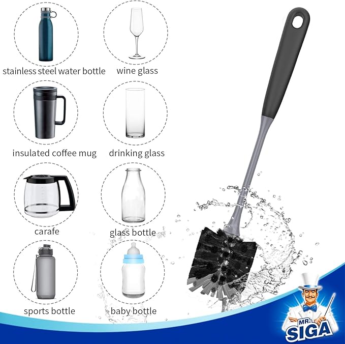 MR.SIGA Long Handle Bottle Brush, Non-Scratch Water Bottle Brush Cleaner | 2 pack bottle brushes for cleaning, drinking glasses brush with non slip handle, 5.8 cm(2.3 inch) wide brush head