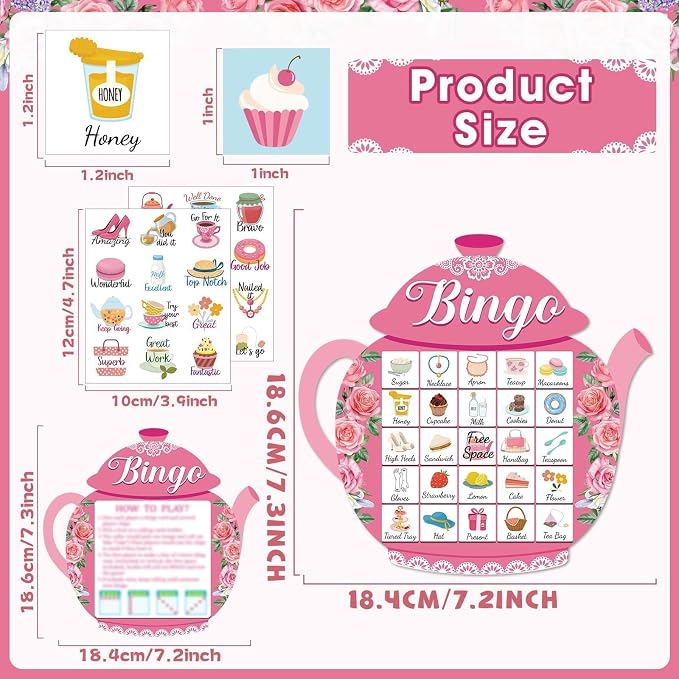 39Pcs Tea Party Bingo Game for Adults 24 Players Floral Teapot Shape Bingo Cards with Reward Stickers for Family Friend Student Large Group Activities Garden Bridal Wedding Holiday Party Favors