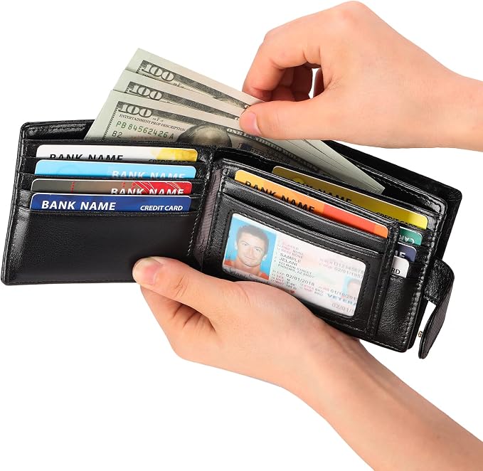 GOIACII Mens Wallet Large Capacity Genuine Leather RFID Blocking Bifold Wallets for Men with ID Window and 15 Card Slots
