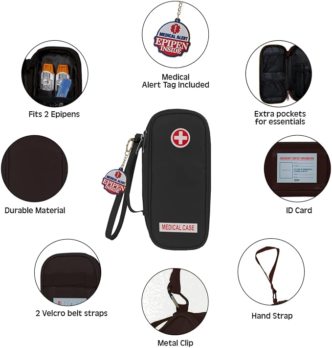 Jayour EpiPen Medical Carrying Case Insulated, Travel Medication Organizer Bag Emergency Medical Pouch, Fits 2 EpiPens, Asthma Inhaler, Anti-Histamine, Auvi-Q, Allergy Medicine Essentials, Black