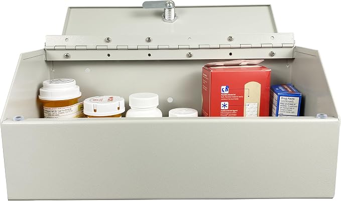 Lockable Medicine Storage Cabinet, Wall Mounted Steel Medicine Cabinet with Key Lock for Prescriptions, Vitamins, First Aid Supplies & Medical Storage