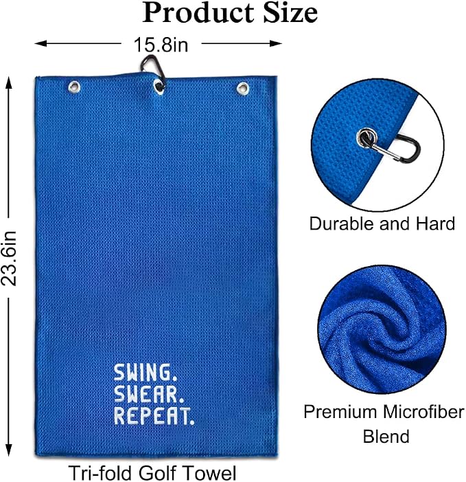 DYJYBMY Swing Swear Repeat Blue Golf Towel with Clip, Funny Golf Accessories for Men Women, Father's Day Birthday Appreciation Gifts for Grandpa Dad Uncle Husband, Retirement Golfing Gifts for Family