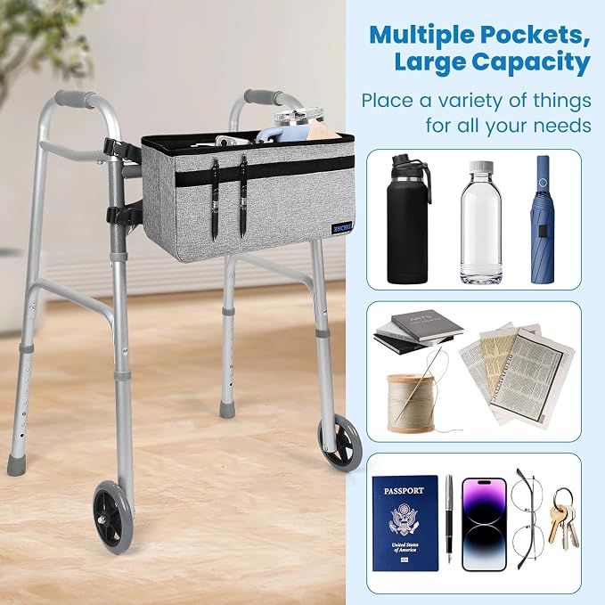 ZHCHG Walker Basket for Seniors, Walker Accessories Bag for Folding Walker | Large Capacity & Never Tipping Over, Best Gift- (Not Fit Rollator Walkers) -Gray