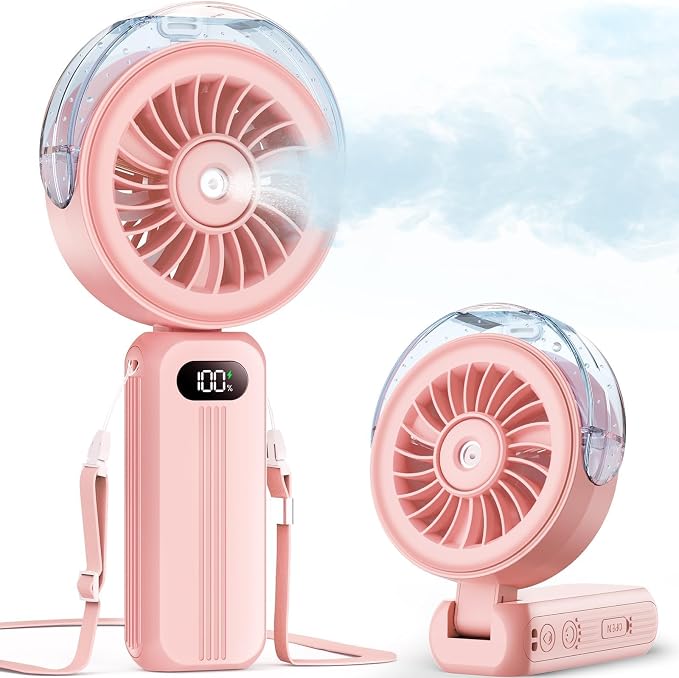 Otlonpe Handheld Misting Fan Portable, Powerful 4 High Speeds Rechargeable Small Hand Held Fan Water Mist, 4000mAh Battery Operated, Foldable, Lanyard, Personal Cooling for Travel Men Wome