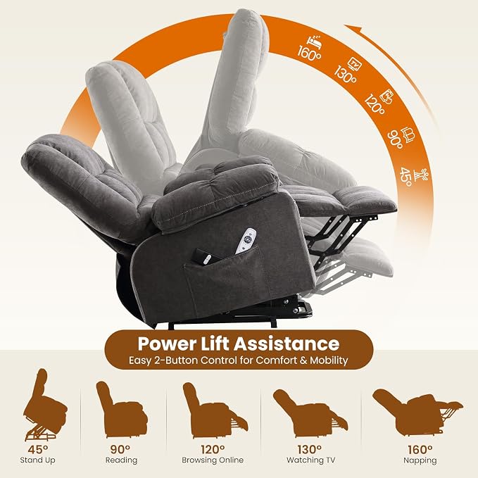 Electric Power Lift Recliner Chair Sofa with Massage and Heat for Elderly,Lift Chair with Front Pocket & Side Pockets for Living Room