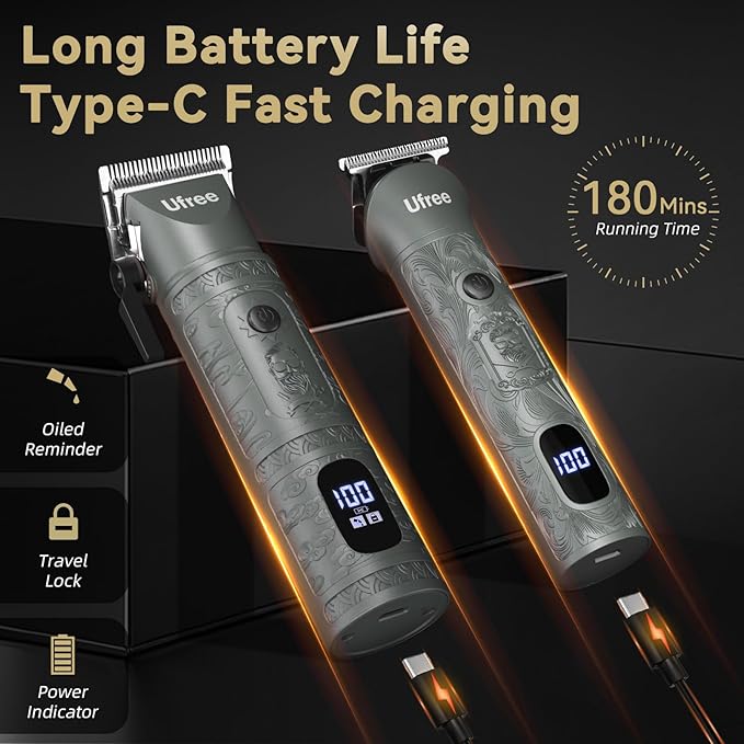 Ufree Hair Clippers for Men, Cordless Beard Trimmer, Grooming Kit, Gray | T-Blade, 6500RPM, 1-22mm Adjustable Comb, Type-C, 180min Runtime, for Beard, Stubble, Nose and Crisp Edges, Men Gift