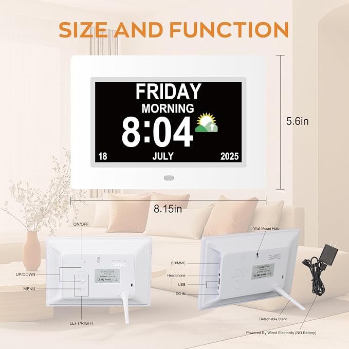 Digital Dementia Clocks for Seniors, 7 Inch, White | Day Date Time Large Display for Poor Vision Easy Read, Medication Reminder Alarm, Spanish 10 Languages, Alzheimer Gifts