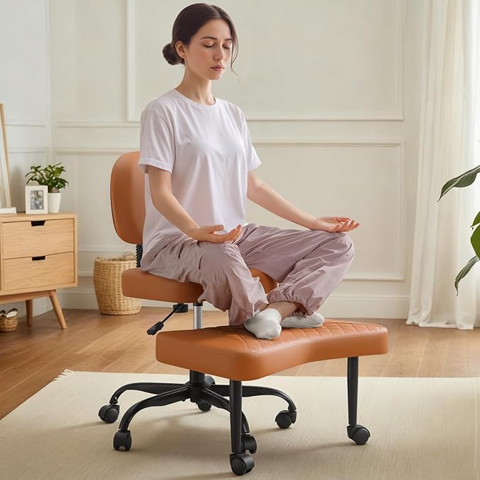 Ergonomic Cross Legged Office Chair with Wheels - Adjustable Height Kneeling Meditation Chairs for ADHD, Yoga & Desk Work - Wide Criss Cross Seat with Lumbar Support, Brown