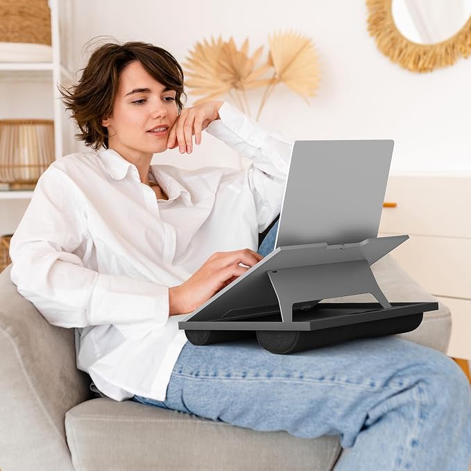 HUANUO Lap Desk with 8 Adjustable Angles – Up to 15.6" Laptop, Grey | Dual-cushion base, carry handle, 30% thicker for durability, wider anti-slip ledge, for home office, sofa, bed, car