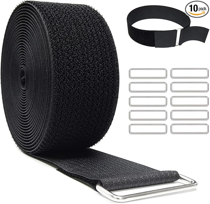 YMCRLUX 2"x16ft Reusable Cinch Strap with 10 Metal Buckles, Cut-to-Length Fastening Securing Straps, Adjustable Nylon Cable Straps and Cord Ties for Organizer or Storage, 2 inch Wide, Black