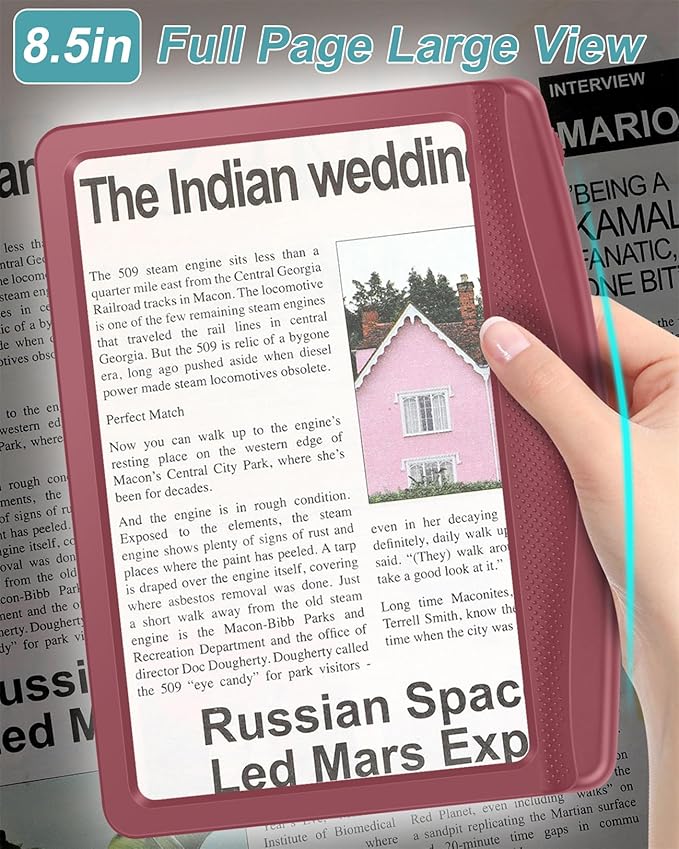 5X Rechargeable Magnifying Glass with Light, Large Bright LED Lighted Full Page Magnifier, Lightweight Rectangular Handheld Magnifier with Light for Reading Small Prints for Seniors, Red