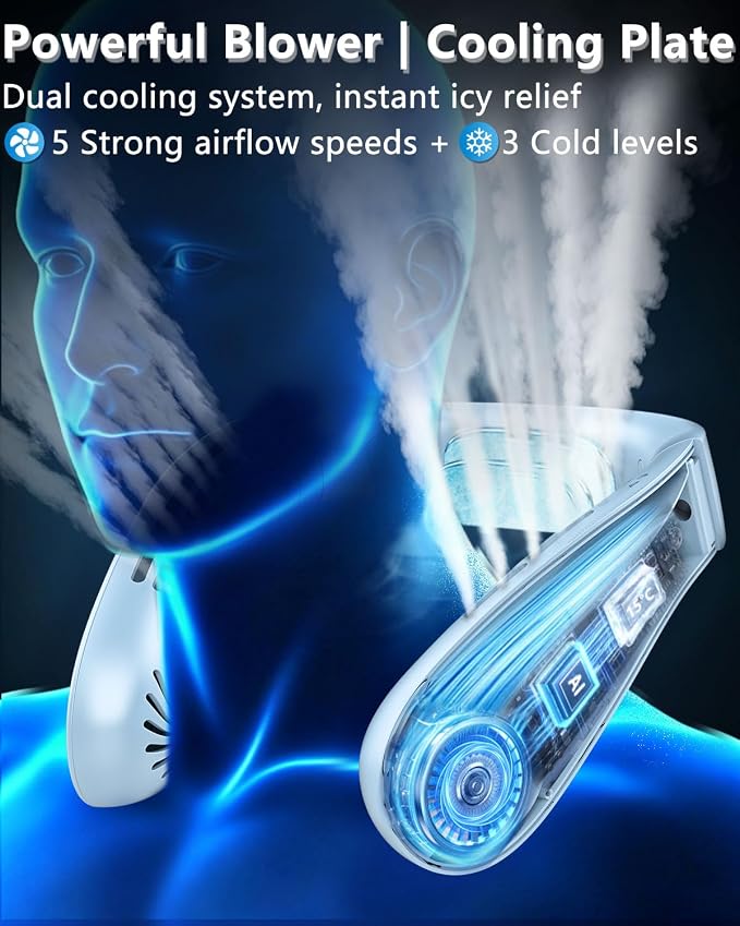 FWV Neck Air Conditioner with Cooling Plate, 5500mAh 3-24H Working, 5-Speed Quiet 30dB, LED Display Personal AC, USB-C Bladless Wearable Cooling Neck Fans that Blow Cold Air for Men Women Kids Blue