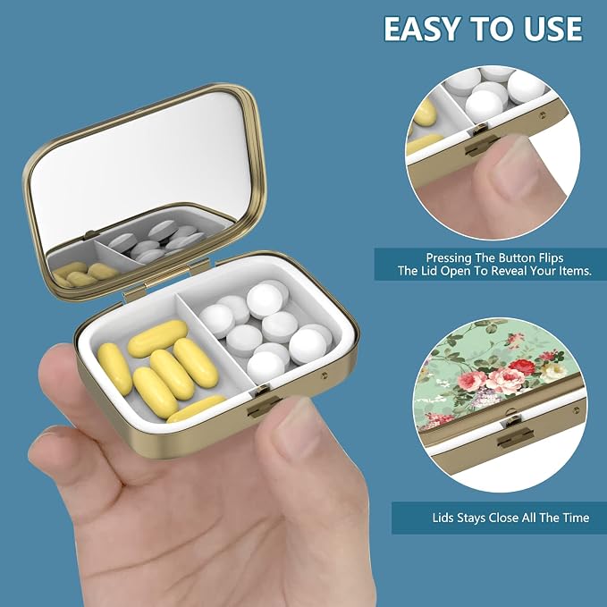 Pill Case Pill Box with Mirror Retro 2 Compartment Small Pill Case for Purse or Pocket Bronze Rectangular Pill Box or Vitamins, Fish Oil, Supplements, Pill Containe Travel Gifts（Retro Rose Floral）