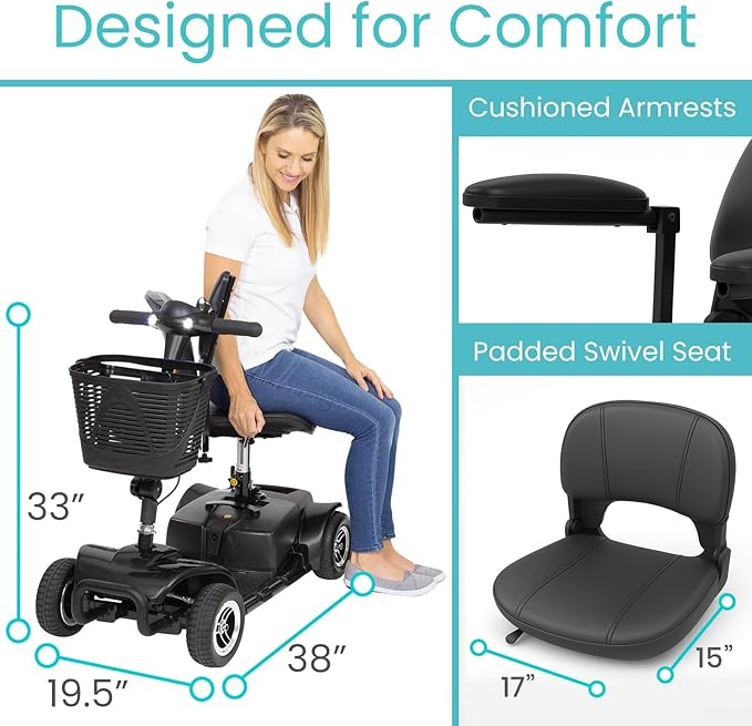 Vive 4 Wheel Mobility Scooter - Electric Powered Wheelchair Device - Compact Heavy Duty Mobile for Travel, Adults, Elderly - Long Range Power Extended Battery with Charger & Basket