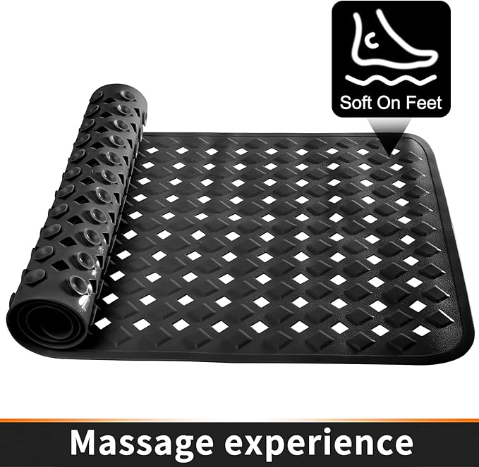 Yimobra Non Slip Bath Mat, Super Strong Suction Cups,34.5"x15.5"Long Tub Mat with Drain Holes, Machine Washable Fast Draining Shower Mats, Bathroom Essentials,Black