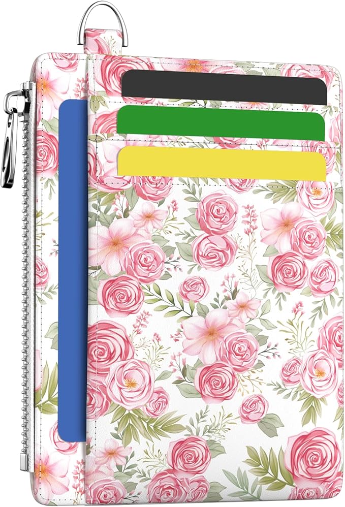 Hancynir Flower Floral Slim Wallet Women Credit Card Holder RFID Small | Zipper Pocket Wallet, Thin Travel Coin Purse, Ladies Women Gifts, Minimalist Card Case, 6 Card Slots, ID Window, PU Leather