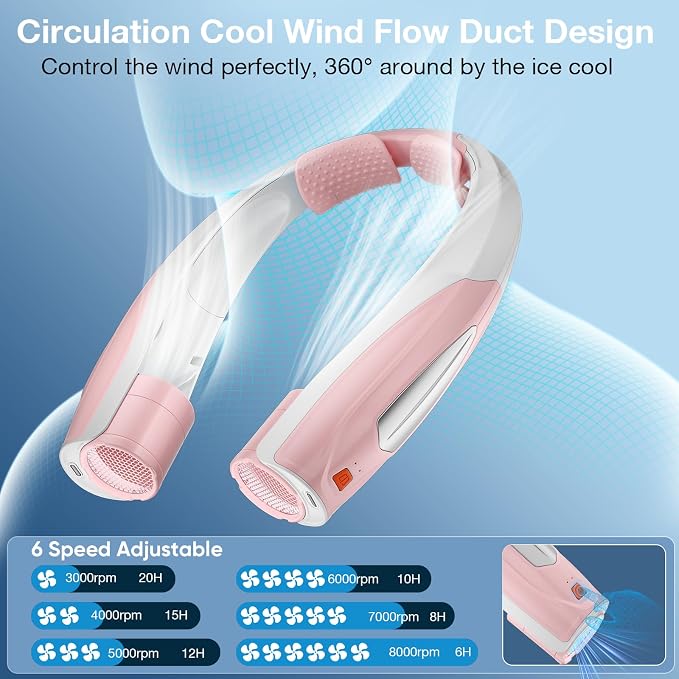 Hionly AI Neck Fan, 6 Speeds Adjustable Portable Personal Fan Rechargeable, 6000 mAh Battery Faster Cooling Wearable, Ultra Quiet for Home, Office, Travel, Outdoor