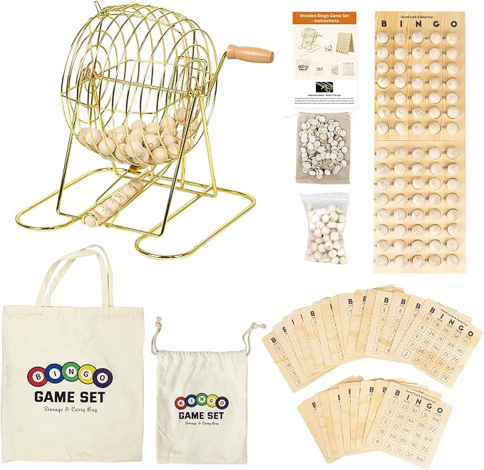 Deluxe Wooden Bingo Game Set with Large Metal Bingo Cage, 25 Reusable Bingo Cards, 75 Wooden Bingo Balls & Number Board, 700 Chips – Bingo Game for Adults, Family Game Night & Large Groups