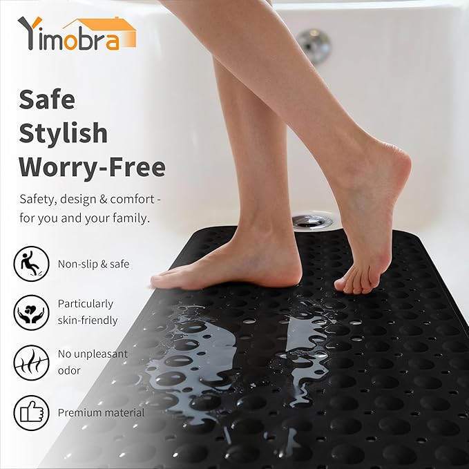 Yimobra Non Slip Bathtub Mat 40 x 16 Inch, Extra Long Shower Mat with Drain Holes, Machine Washable Baby Bath Mats, Strong Suction Cups for Bathroom Floor, Black