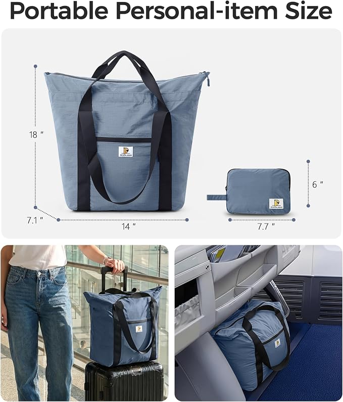 Foldable Travel Bag, 26L Lightweight Weekender Duffel, Expandable Second Carry-On Bag for Travel & Shopping, Water-Resistant Personal Item Bag, Mist Blue