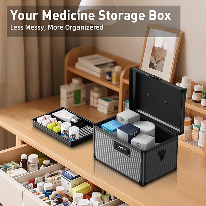 Lockbako Medicine Lock Box with Code, Locking Medicine Box with Removable Tray, Portable First Aid Box for Home, 10 * 6.9 * 6.9 Inch (Black)