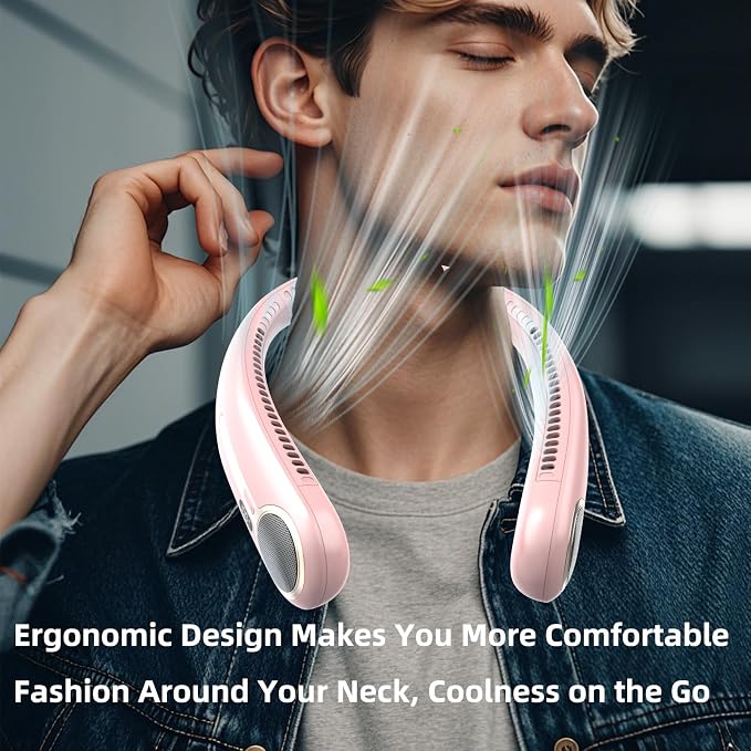 Portable Neck Fan, Personal Wearable Bladeless Fan, 6000mAh USB Rechargeable, 360° Airflow, LED Display, 4-Speeds, Hands Free Fan for Outdoor Indoor, Birthday Gifts for Men Women Dad Mom (Pink)
