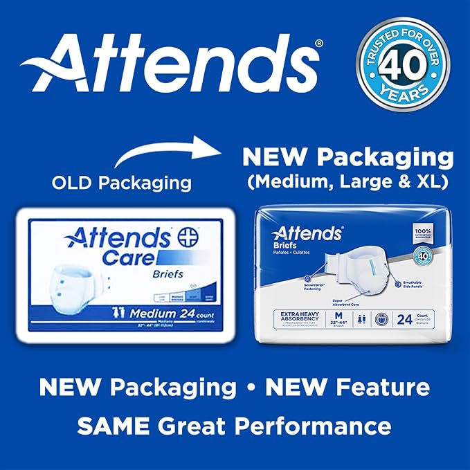 Attends Adult Incontinence Disposable Briefs, Large, 44"-58" Waist with SecureGrip Tab Closure, Extra Heavy Absorbency with Super Absorbent Core and Breathable Side Panels, 72ct Case