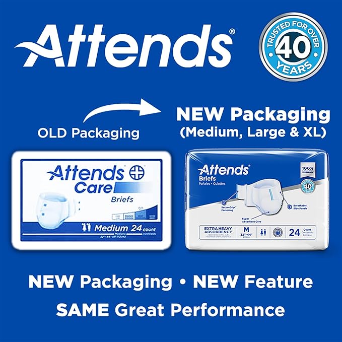 Attends Adult Incontinence Disposable Briefs, Medium, 32"-44" Waist with SecureGrip Tab Closure, Extra Heavy Absorbency with Super Absorbent Core and Breathable Side Panels, 96ct Bag