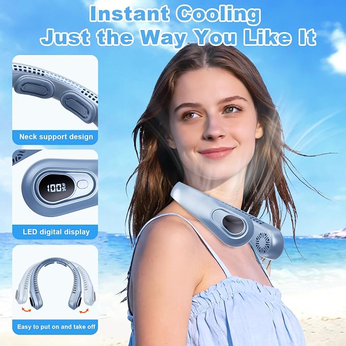 Portable Neck Fan Rechargeable - [with LED Display] 5 Speeds, 5000 mAh Battery Operated Wearable Personal Cooling Bladeless Fan for Outdoor Travel, Gifts for Men Women Kids,Sky Blue