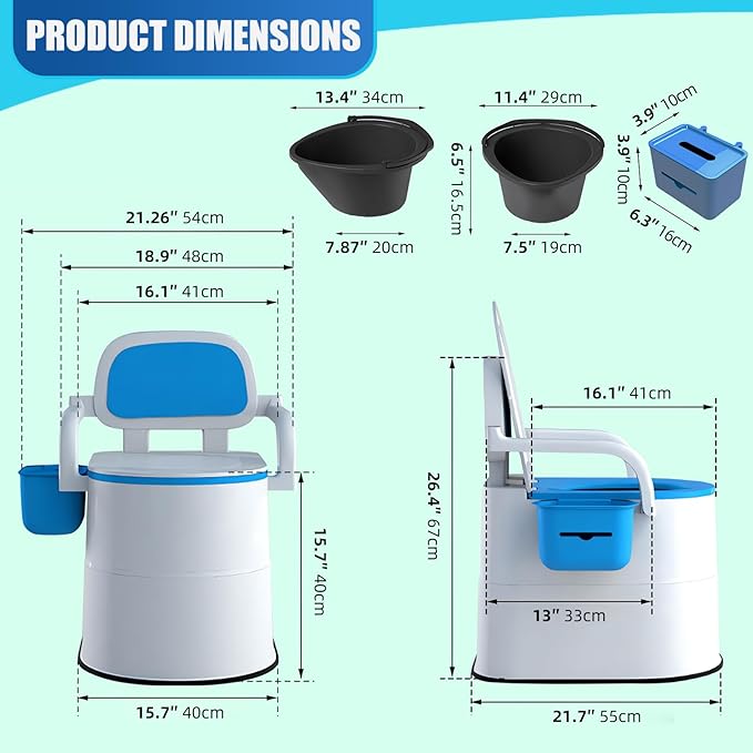 Bedside Commode Toilet for Elderly, Portable Toilet for Adults with Full-Surround Anti-Slip, Armrests, Double Layer Odor Sealed, Bedside Commode Chair for Toilet with Arms, Blue