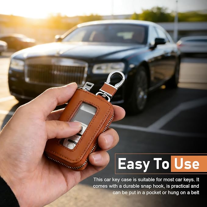 1PC Car Key Fob Case, Leather Car Key Holder for Purse, Automotive Smart Key fob Holder with Hook, for Remote Key Fob
