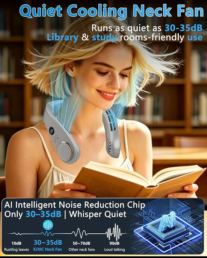 Neck Fan with Cooling Plate-5 Speed&Power LED Display-24H Quiet Powerful Fans that Blow Cold Air-USB 5500mAh Bladeless Wearable Personal AC Cooler for Women,Men,Kids,Travel,Outside,Indoor Grey