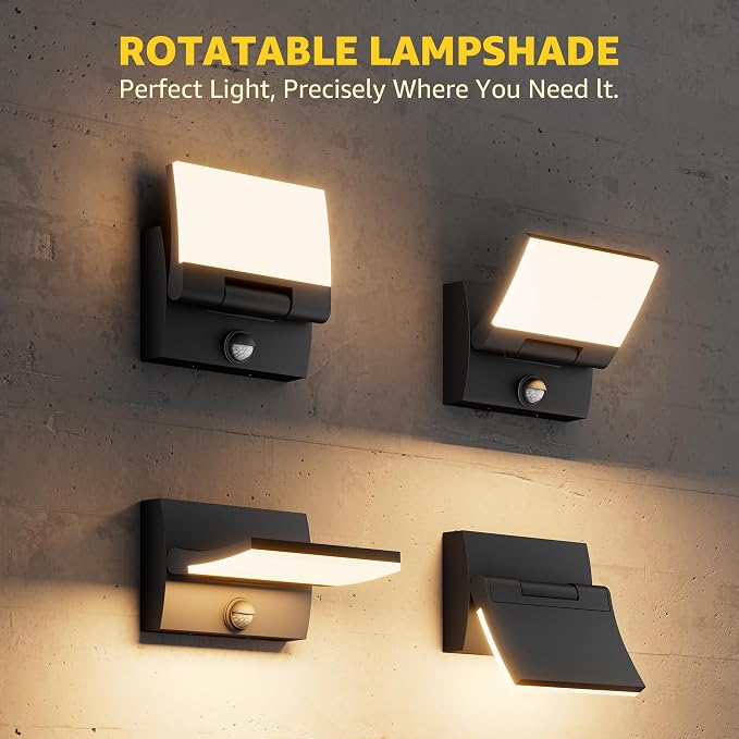 Motion Sensor LED Outdoor Wall Light 2-Pack, Rotatable Adjustable Head, IP65 Waterproof Porch Light for House Garage Patio, 3000K Warm White, Matte Black Aluminum Modern Sconce