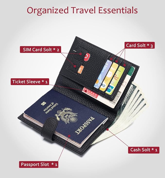 Slim RFID Blocking Passport Holder for Travel Women, Gift Box Ready | Leather Passport Wallet for Women & Men with Card Slots, Zipper Coin Pocket, SIM Card Slot, Passport Cover Cases (Black)