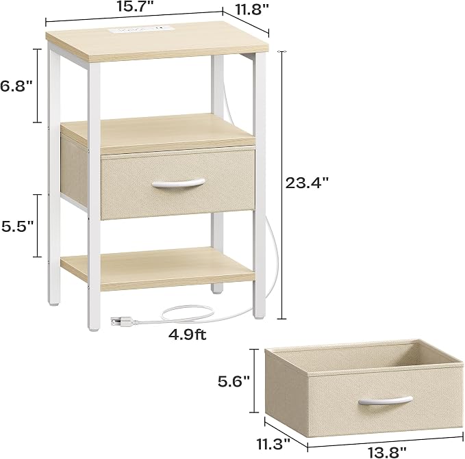 SUPERJARE Nightstand with Charging Station, USB-C Port, Bedside Table | Night Stand for Bedroom, with Adjustable Fabric Drawer, 3-Tier Storage End Table, for Living Room, White Maple