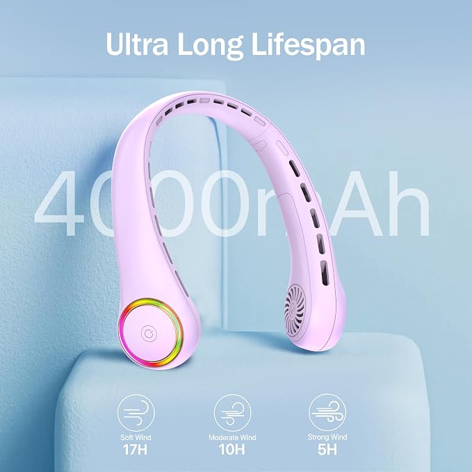GULAKI Portable Neck Fan, Personal Fan with 4000mAh Battery, Rechargeable Neck Fan with 3 Speeds and 64 Cool Lights, Birthday Gifts for Men Women Mom Dad, Hands Free Cooling fan for Summer(Purple)