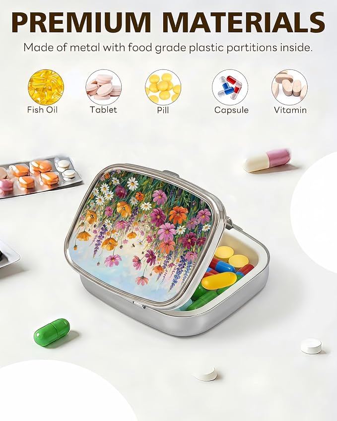 LRITER Pill Case, 2 Compartment Portable Small Travel Pill Organizer for Purse and Pocket, Stylish Medicine Case with Multiple Patterns, Daily Pillbox for Home & Travel (Little Flower)