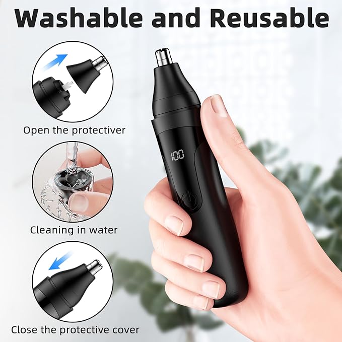 Nose Hair Trimmer, Rechargeable Professional Painless Nose Trimmer for Ear and Eyebrow, with Dual Edge Blades Easy Cleaning and Washing (Black)