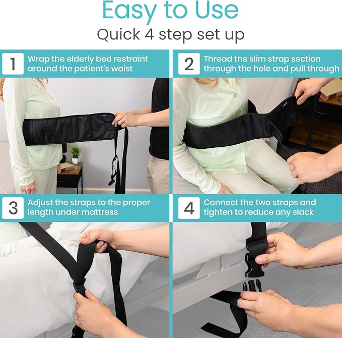 Vive Bed Restraints for Elderly Dementia Patients - Safety Belt for Wheelchair & Bed - Fall Prevention Device for Seniors - Adjustable Strap and Cushioned Waist Belt for Hospital Caregivers