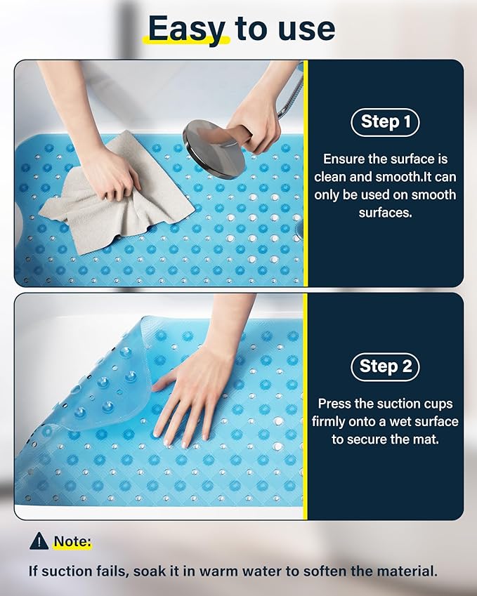 Non Slip Bathtub Mat for Tub & Shower, Machine Washable 40"x16" Anti Slip Bath Mat with 2 Hooks, Soft & Comfortable and Extra Largefor Families, Clear Blue