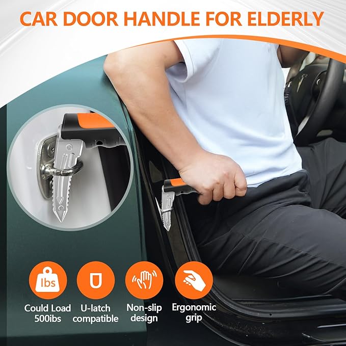 Car Door Handle for Elderly - 2025 New 3-in-1 Car Handle Assist, 2 Pack Auto Cane Portable Vehicle Support Handle Door Assist Bar, Max Load 500 Lbs, Anti-Slip Design (Orange-Car Handle +Strap)