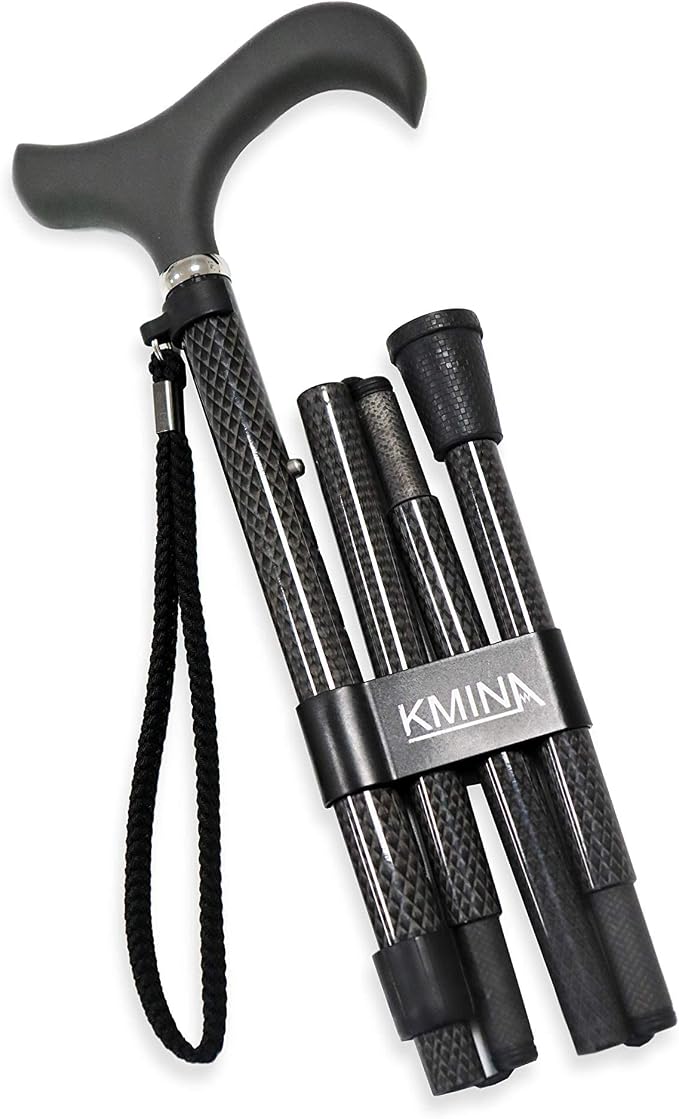 KMINA Folding Cane for Men and Women (Carbon Fiber), Soft Grip, Adjustable Height, Lightweight, Black, PRO Model